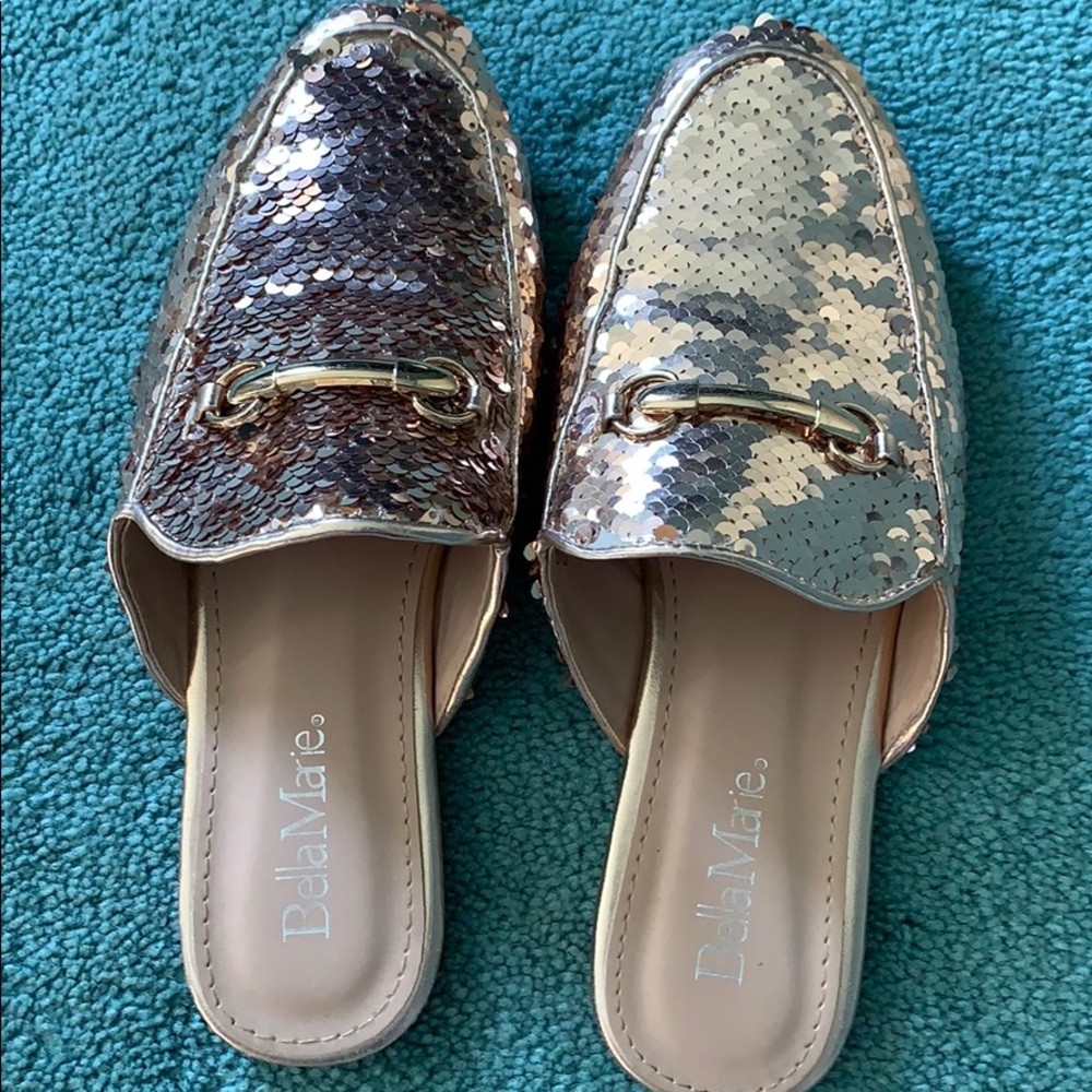 Sequin mules, rose gold